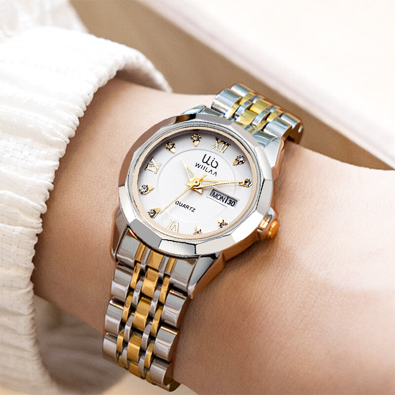 WIILAA-Relojes de pulsera clásicos con fecha de semana para mujer, diseño minimalista, reloj de cuarzo para mujer, oro, acero inoxidable, diamante, marca de lujo
