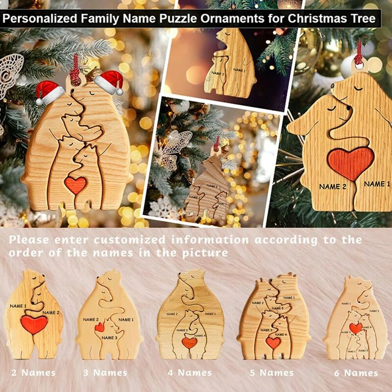 Animal Family Ornaments DIY Wood Carving Free Engraving Custom Name Figurines Home Bear Elephant Puzzle Mother's Birthday Gift