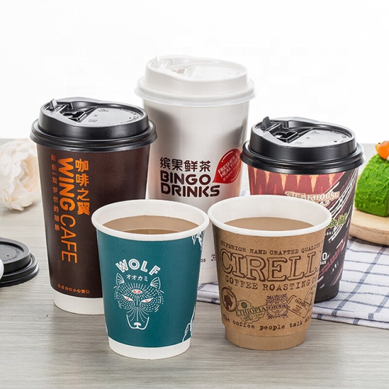Индивидуальный продукт, 8 унций, 12 унций, 16 унций, одноразовая бумажная чашка с двойными стенками, чашка для кофе на вынос с крышками