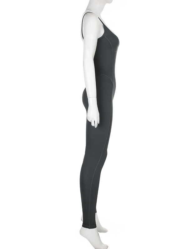 IAMSURE 여성용 스포티 액티브웨어 패치워크 점프수트, 페이크 2 피스, 섹시한 슬림 O-넥 민소매 롬퍼, 2023 가을 용수철 패션