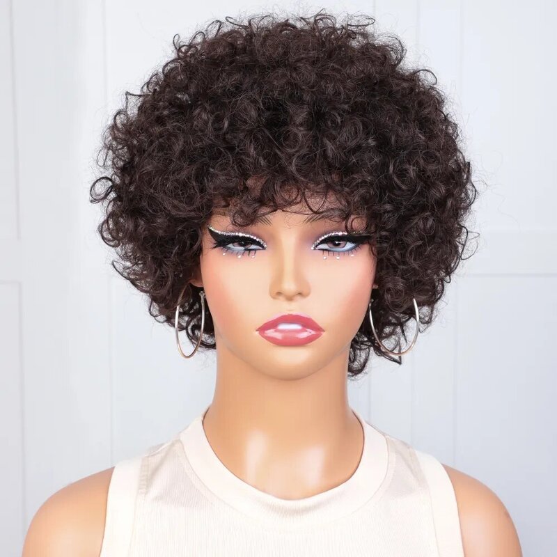 Curto Afro Curly Bob peruca de cabelo humano com Franja para mulheres, cabelo Remy brasileiro, ir Natural Brown Kinky perucas, Pixie