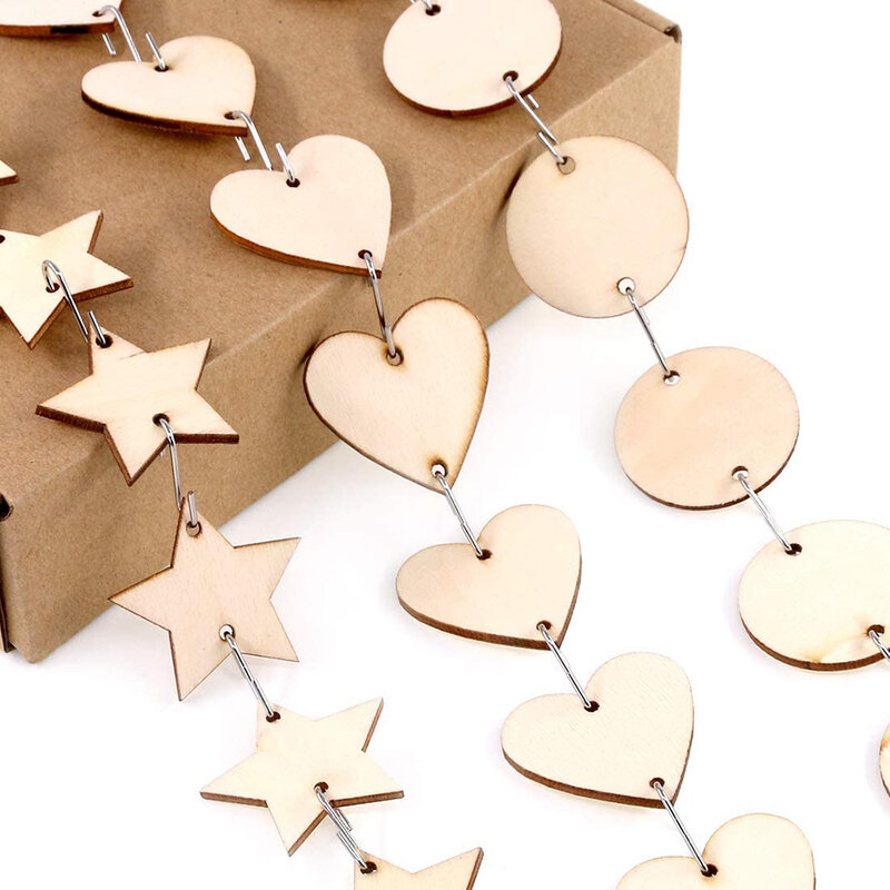 Etiquetas de corazones con círculos de estrellas de madera, conectores de gancho de agujeros, adornos navideños de madera para tablero de cumpleaños, DIY, adornos para manualidades, 30 Uds.