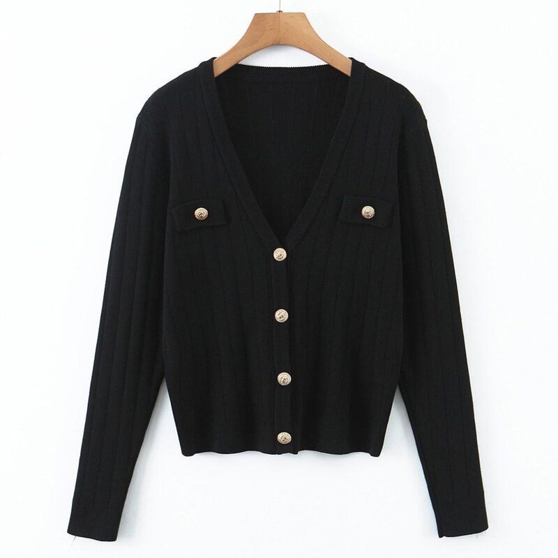 2023 Autumn Good Quality Clothes Women Cardigan Sweater Plus Size Gold Buckle V-Neck Commuter Knitted Jacket Fashion Curve