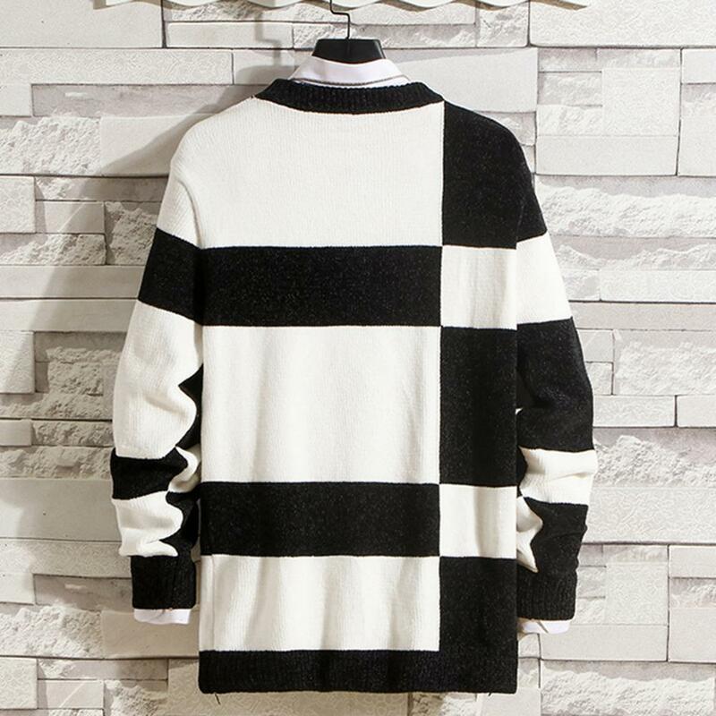 Contrast Color Autumn Winter Sweater Men Colorblock Thick Knitted Round Neck Elastic Slim Pullover Men Outdoor Sweater