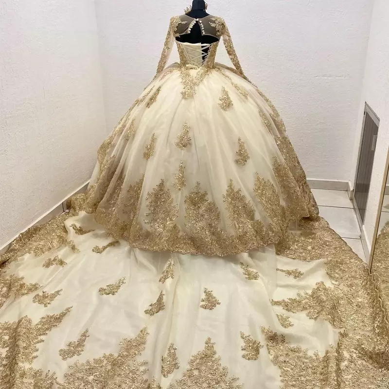 Luksusowa suknia balowa saudyjska z szampanem suknie ślubne z tiulowym długim rękawem suknie ślubne dla kobiet Vestido Novias