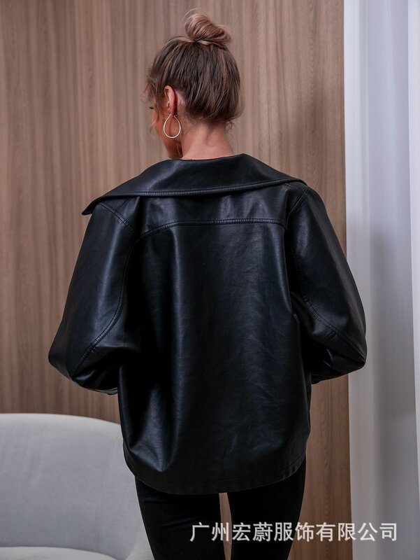 Jaqueta casual de couro PU feminina, casaco solto manga comprida, nova moda, 2024
