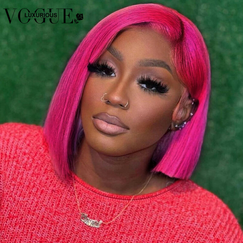 Hot Pink Green Colored Natural Straight Short Bob Pixie Cut Human Hair Wigs 5X5 Closure Brazilian Remy Glueless Wig Ready To Go