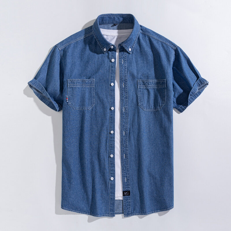 Мужская джинсовая рубашка с коротким рукавом, однотонная Повседневная Свободная универсальная рубашка с отложным воротником и карманами, лето 2024