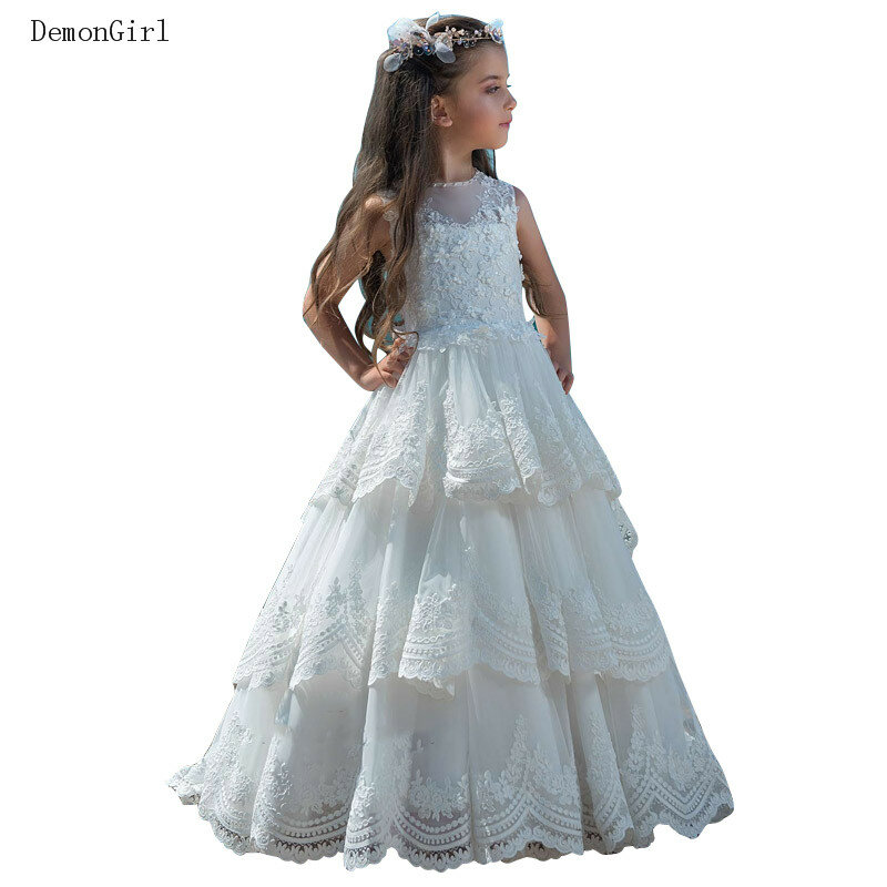 女の子のための白いレースのドレス,豪華な,小さな女の子のためのドレス,電車付き,長い,最初の聖体拝領