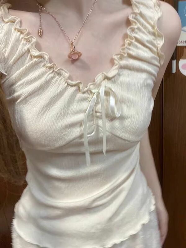 เสื้อลูกศรฮาราจูกุแต่งระบายสำหรับผู้หญิงเสื้อผ้า Y2k เสื้อครอปเสื้อแขนกุดวินเทจเสื้อกั๊กน่ารักแบบบางสไตล์โกธิค