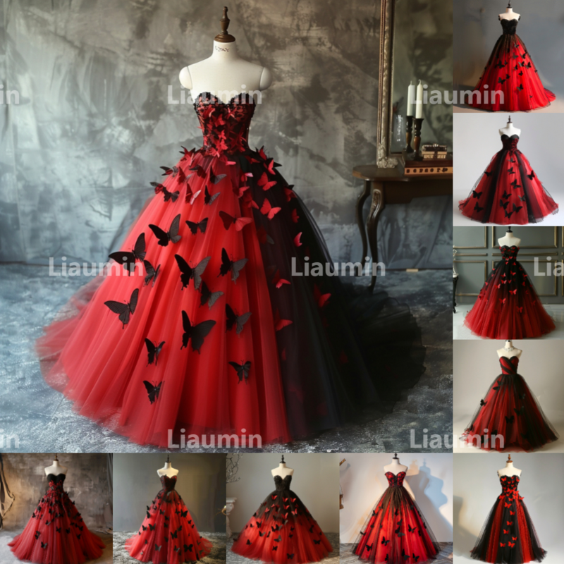 Czerwone i czarny tiul z motylem bez ramiączek na wieczorny bal suknie ślubne długość do formalna okazja W15-41 na imprezę