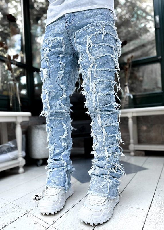Jeans impilati Regular Fit da uomo strappati Slim Fit Patch Distressed pantaloni dritti in Denim distrutti Hip Hop Streetwear panno per pantaloni
