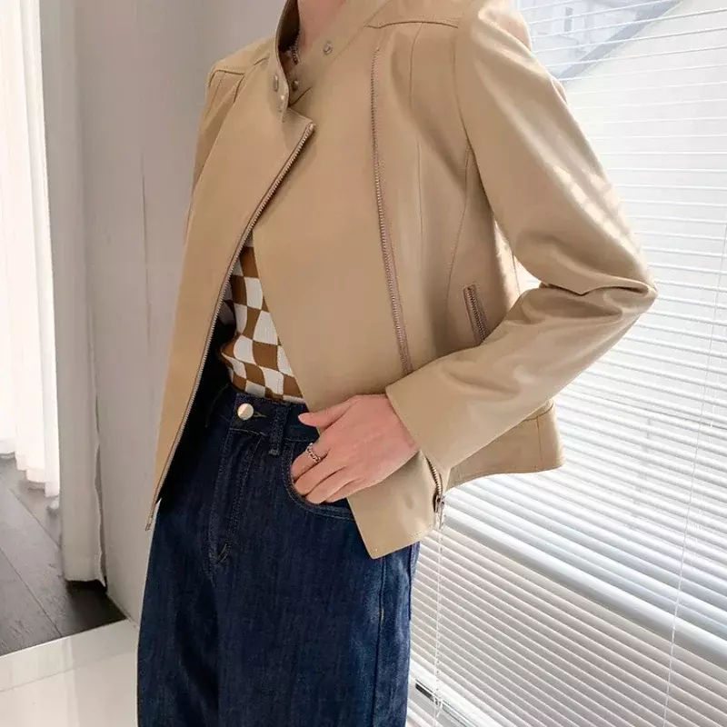 本物の革のジャケット女性22春秋の新ファッション女性のエレガントなシープスキン服カジュアルスリムジャケットショートmujerのチャケータ