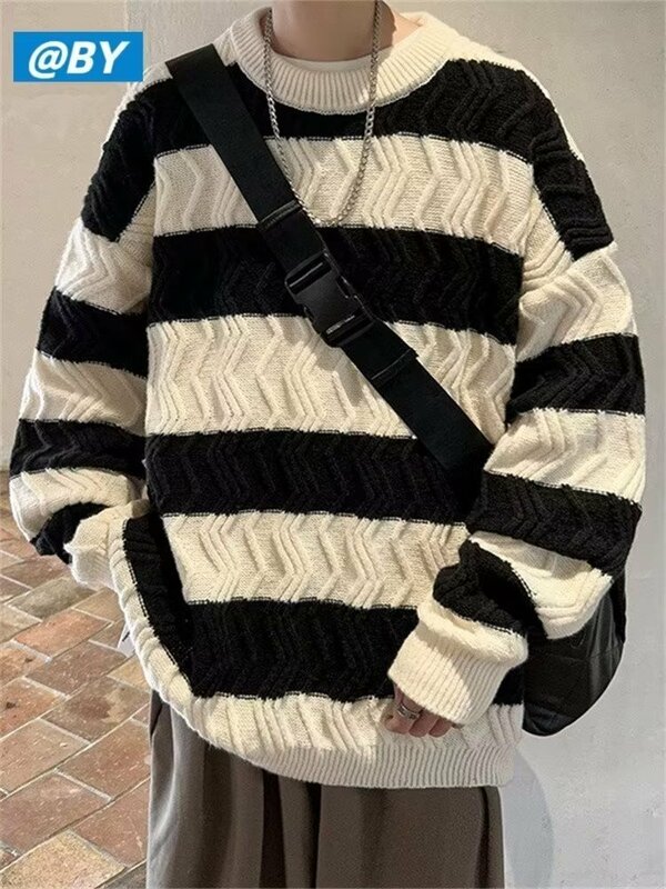 Lazy Coat Vintage Stripe Sweater Men's Autumn and Winter Thickened Design Sense Small Crowd Round Neck Sweater Fashion Brand