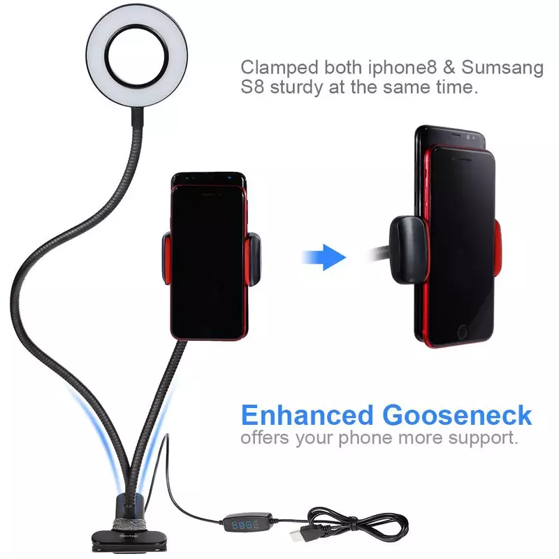 Anneau de selfie LED aste par USB, clip lumineux avec support de téléphone portable, lampe de maquillage flexible à intensité variable, lampe de bureau, lampe de table, studio photo