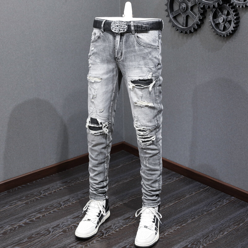 Street Fashion Mannen Jeans Retro Zwart Grijs Elastische Stretch Skinny Gescheurde Jeans Heren Lederen Patched Designer Hiphop Merk Broek