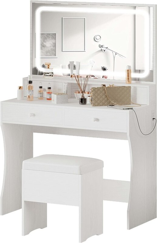 IRONCK-Vanity Desk Set com LED iluminado espelho e tomada de energia, maquiagem Vanity Table, 4 gavetas, banco de armazenamento, quarto