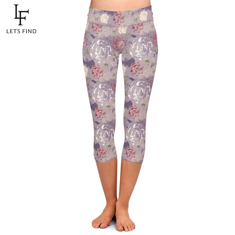 LETSFIND High Quaility Beautiful Roses Print Women Capri Leggings High Waist Soft Fitness Elastic Mid-Calf Leggings