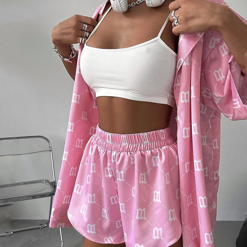 2024 Autumn New Fashion Pink Printed Pajamas Loose Colored Cardigan Shorts Women's Home Furnishing Outwear