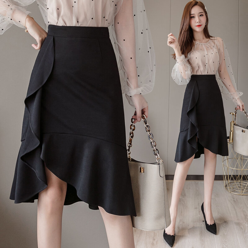 Falda negra de largo medio para mujer, ropa elegante con borde de volantes, faldas asimétricas, ropa informal elegante, Py3635A