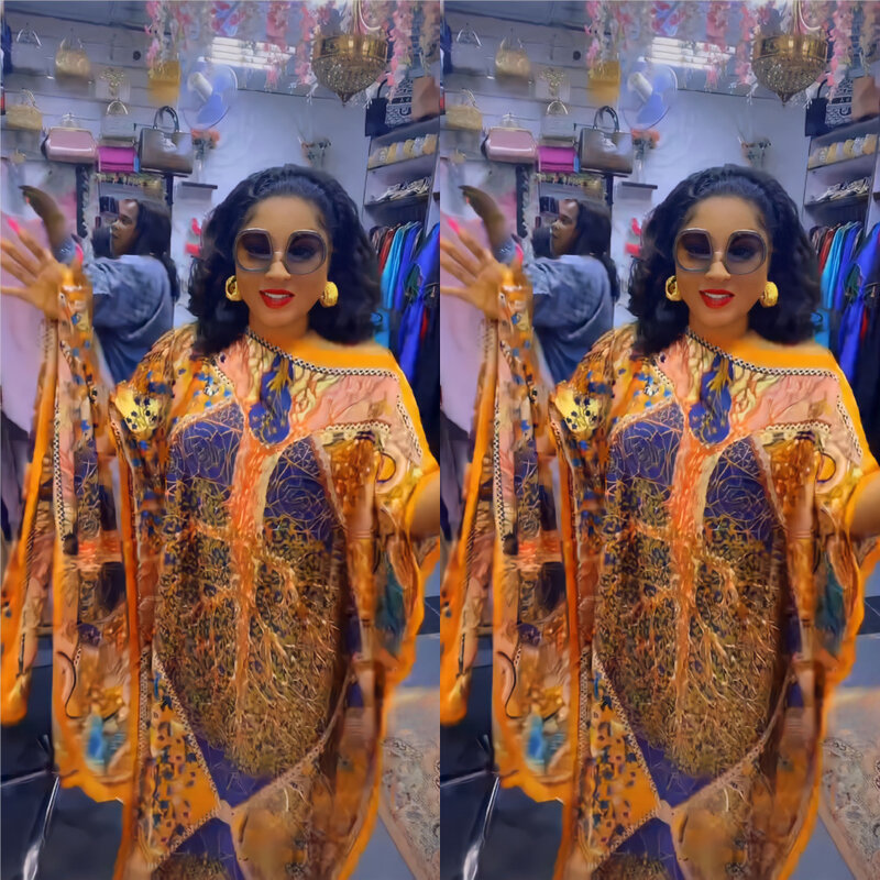 2023 New Printed Long Robe African Women's Dress Women with Scarf Two-piece Set 041#