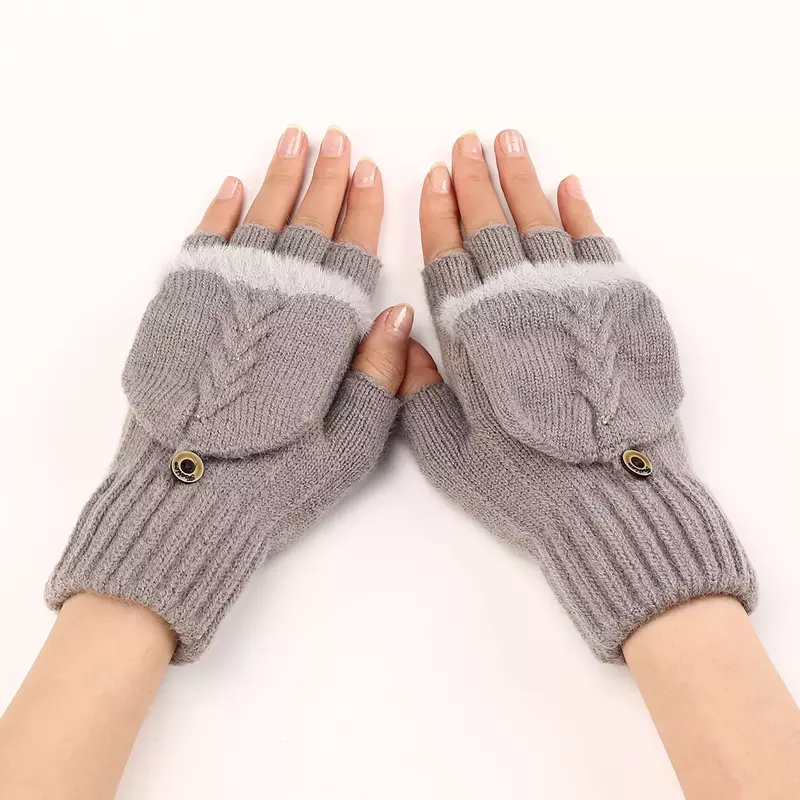 Fingers Free Wool Gloves Women Knitted Flip Fingerless Exposed Finger Thick Glove Mittens Winter Warm Thickening Women Mitts