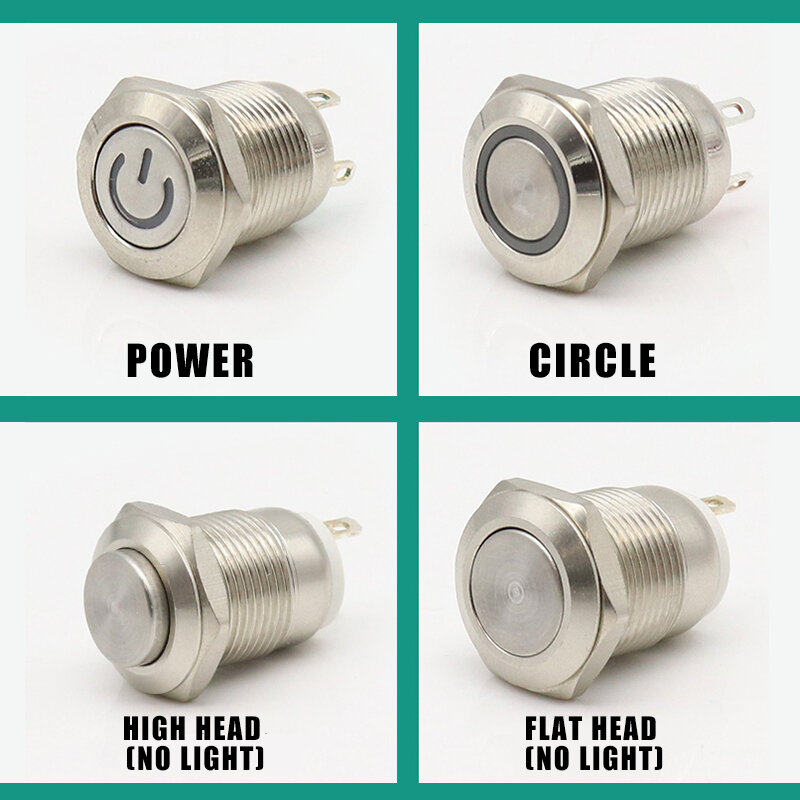 Interruptor de botão de metal impermeável, lâmpada LED luz noturna, plana, alta, redonda, travamento automático, reset, momentâneo, travamento, 4 pinos, 12mm, 5 peças