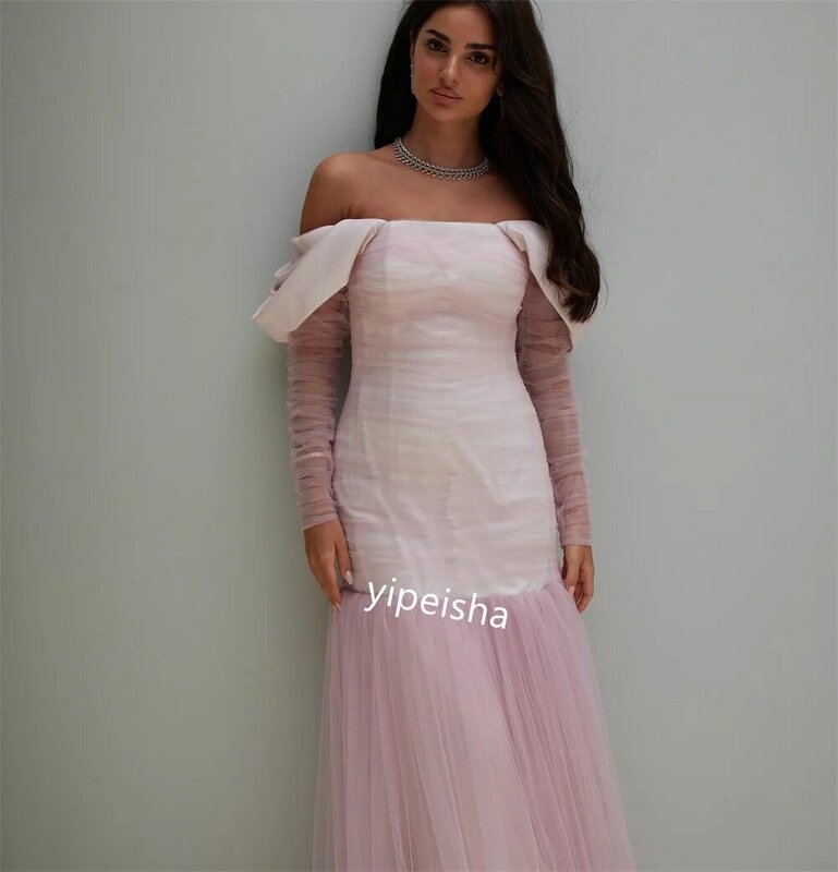 Sukienka balowa Koszulka wieczorowa Drapowana klubowa Linia A Odkryte ramiona Suknia okazjonalna na zamówienie Długie sukienki Arabia Saudyjska