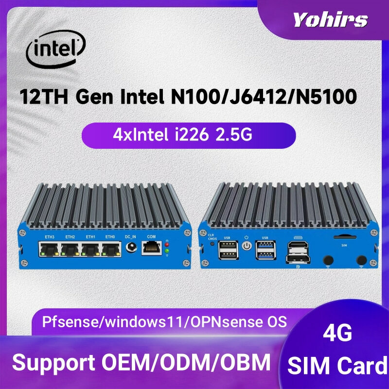 Fanless Router Mini Pc 4 Intel I226-v 2.5gb Lan N100 J6412 J5040 N5100 Quad Core lembut Server Esxi Firewall kasar pc peralatan