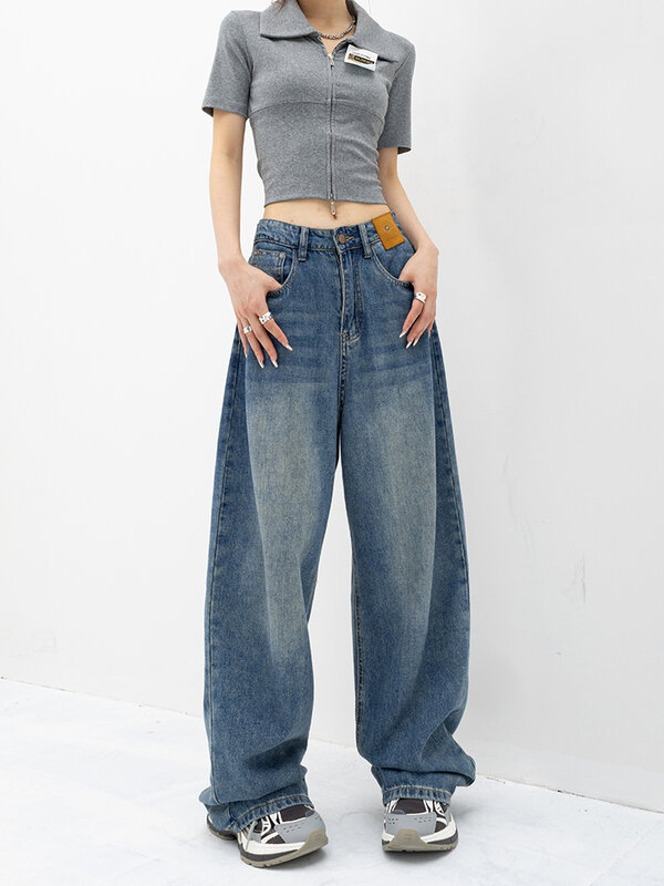 Jeans largos de cintura alta feminino, calças jeans vintage, calças retas soltas, streetwear coreano, tamanho grande, Y2K