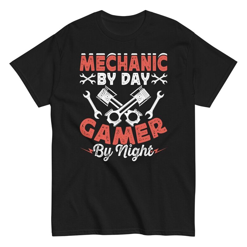 ميكانيكي من قبل لاعبي اليوم عن طريق قميص ليلي ، ملابس ميكانيكية سيارة الرجل محبي ألعاب الفيديو