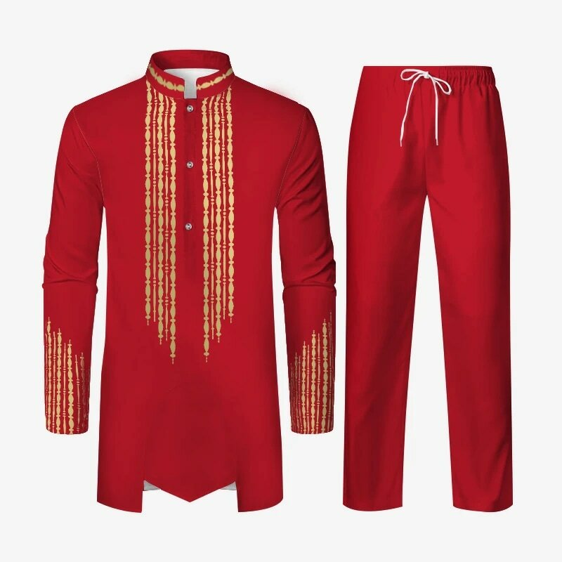 Muslim Robe Men's 2Pcs African Outfits Suits, Men's African Traditional Luxury Pattern Long Sleeve Dashiki Shirt & Pant Set