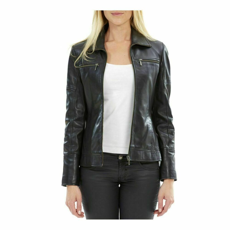 Black Women Stylish Leather Lambskin Genuine Real Motorcycle Jacket Slim Fit