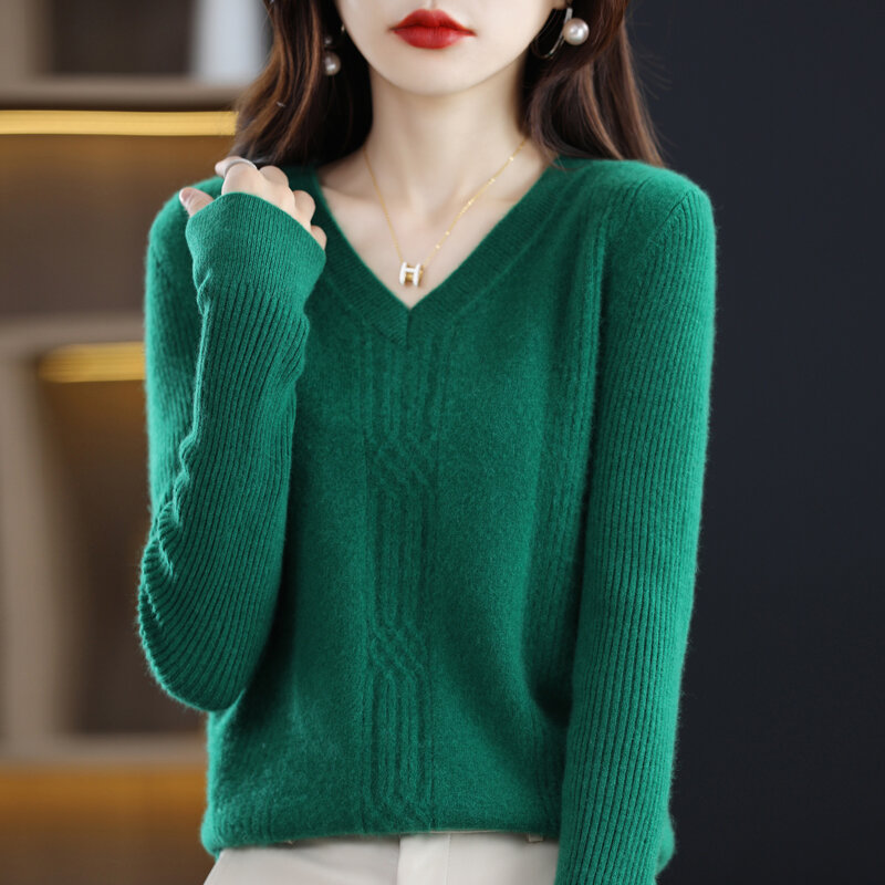 Neuer Herbst-und Winter-Jacquard pullover mit V-Ausschnitt für Damen aus reiner Wolle
