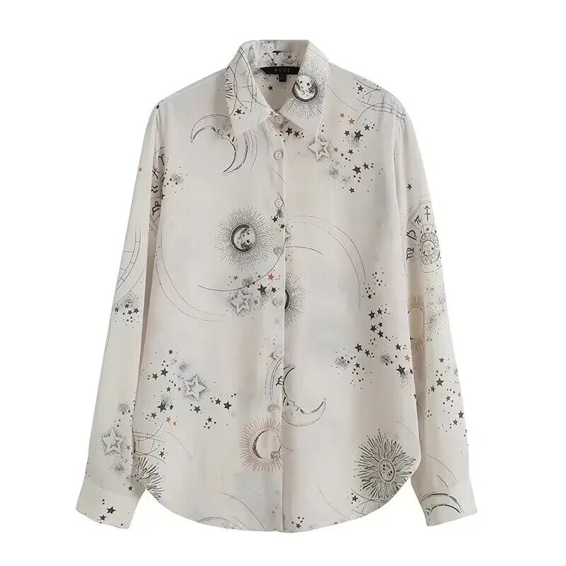 Camisa de botão retrô de mangas compridas de duas cores feminina, temperamento Joker, design padrão constelação, top chique, 2023