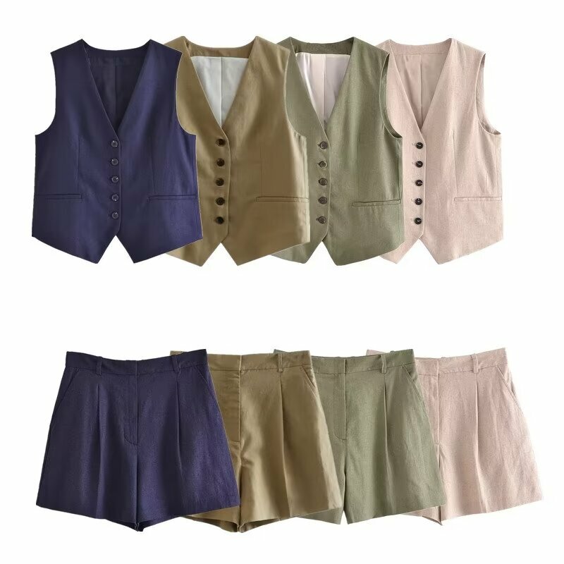 V-Neck chique top e shorts plissados terno para mulheres, coringa glamoroso, botões requintados, colete elegante, novo, 2024