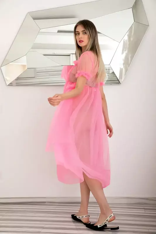 SERENDIPIDTY Sexy Pink See Through Tulle Dress Avant Garde Clothing Sheer Ruffles Tea Length Dress Summer Party Dress Custom Mad