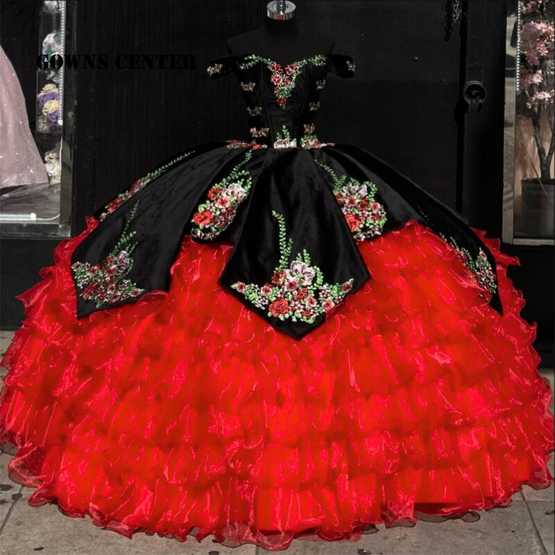 Vestido de baile de quinceañera con volantes rojos bordados de flores, vestidos de novia con corsé de hombros descubiertos, vestido de baile mexicano negro, dulce 16 aqua
