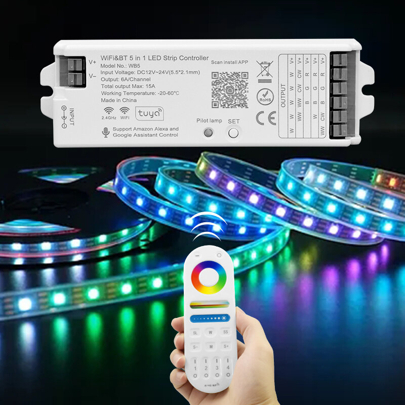 WB5 WiFi Bluetooth Five In One Controller Bluetooth Tuya Led Strip Remote Control 2.4GHz RF Single Color Scrolling Controller