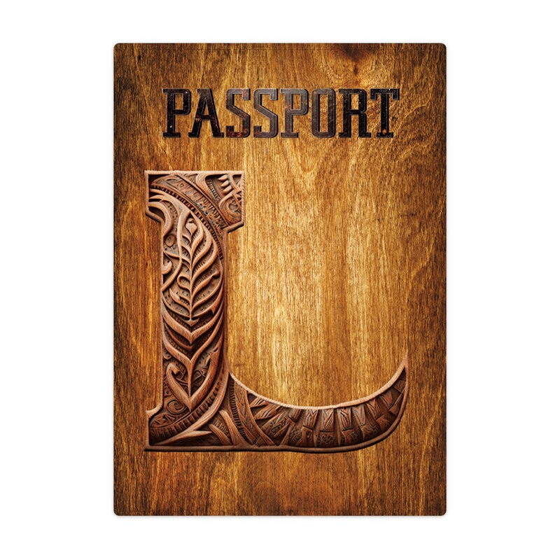 Porte-passeport de voyage en cuir, porte-cartes d'identité, porte-cartes de crédit d'affaires, étui en poudre, motif de lettre d'art en bois
