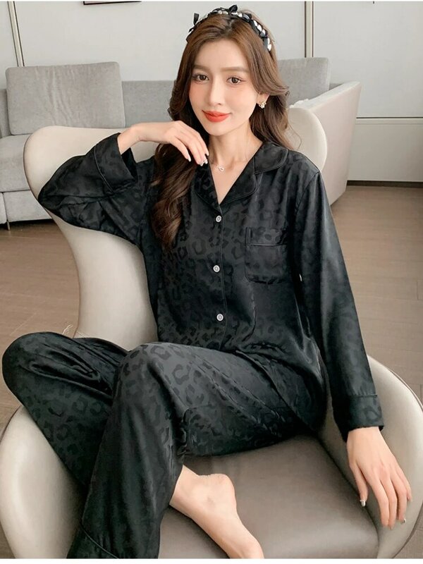 Conjunto pijama feminino de botão, pijama feminino de seda cetim, manga comprida, pijama leopardo, lounge, terno de casa, pijama