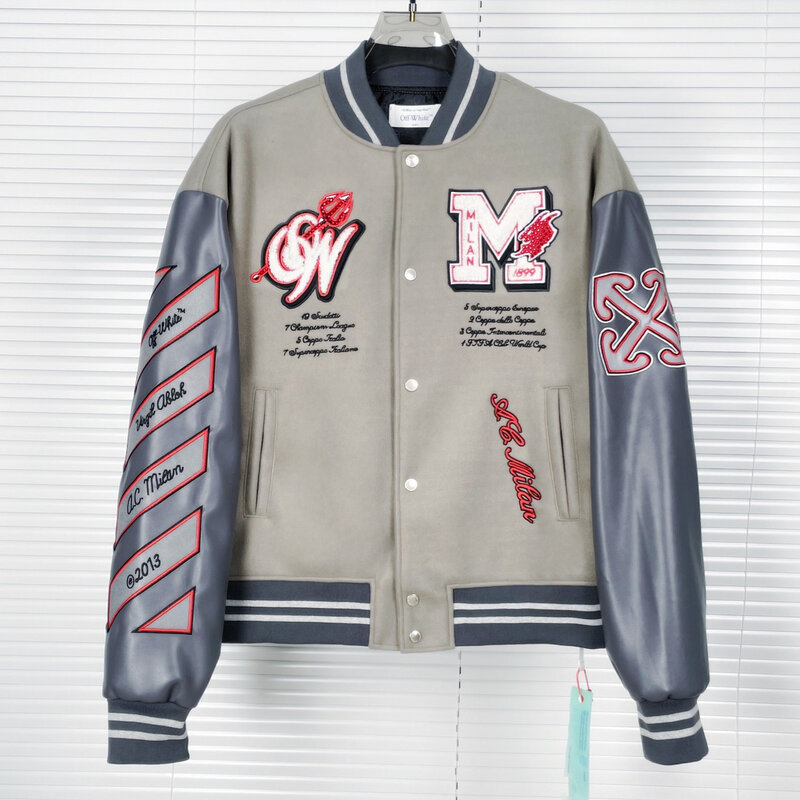 Top Quality OW Letter Embroidered Leather Stitching Baseball Uniform Jacket for Men and Women 2024 New Couple Jacket Outfit