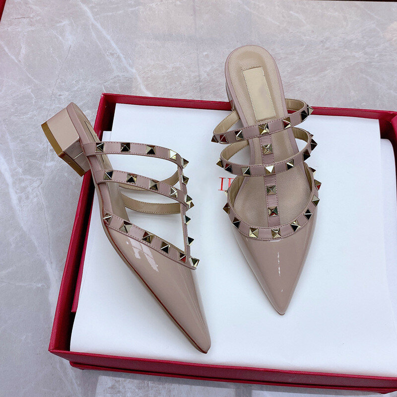Sandalias de piel auténtica para mujer, zapatos de tacón alto con remaches, zapatillas de tacón cuadrado de 3cm, con correas en el tobillo, informales, 41