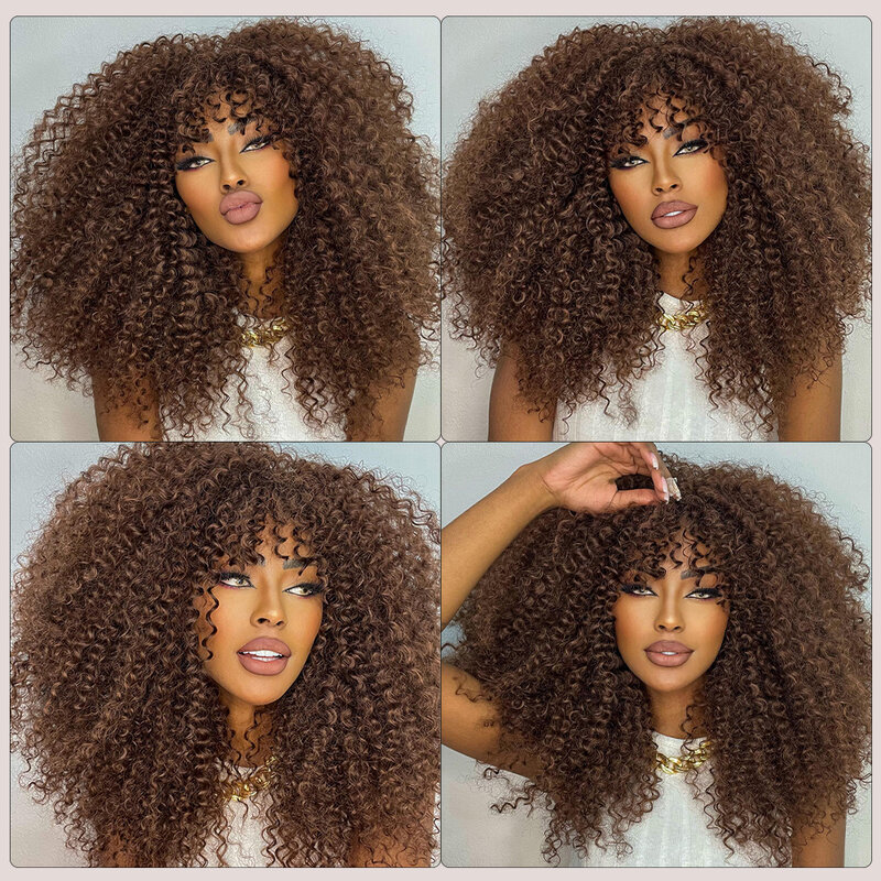 カーリーアフロかつら黒人女性のためのショート変態カーリー前髪と16インチブラウンアフロヘアー合成繊維グルーレスコスプレ毛