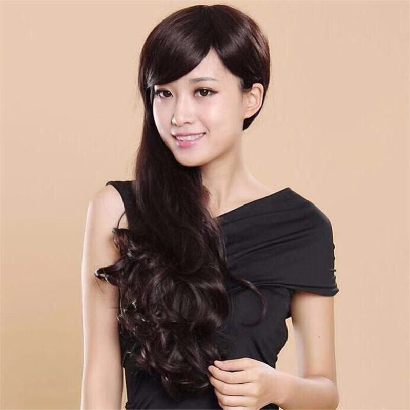 Brown Long Curly Wig for Women Daily Use Sythetic Fiber Heat Resistant Neat Bangs Lovely Gift Peluca