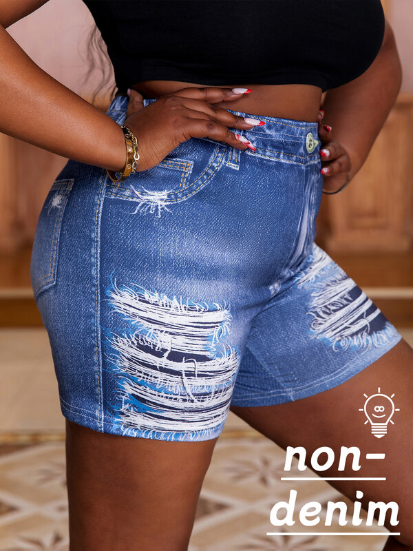 Plus Size Damen Denim-Look bedruckte Shorts trend ige zerrissene Wirkung bequeme enge Passform lässige schicke Sommer Hot pants