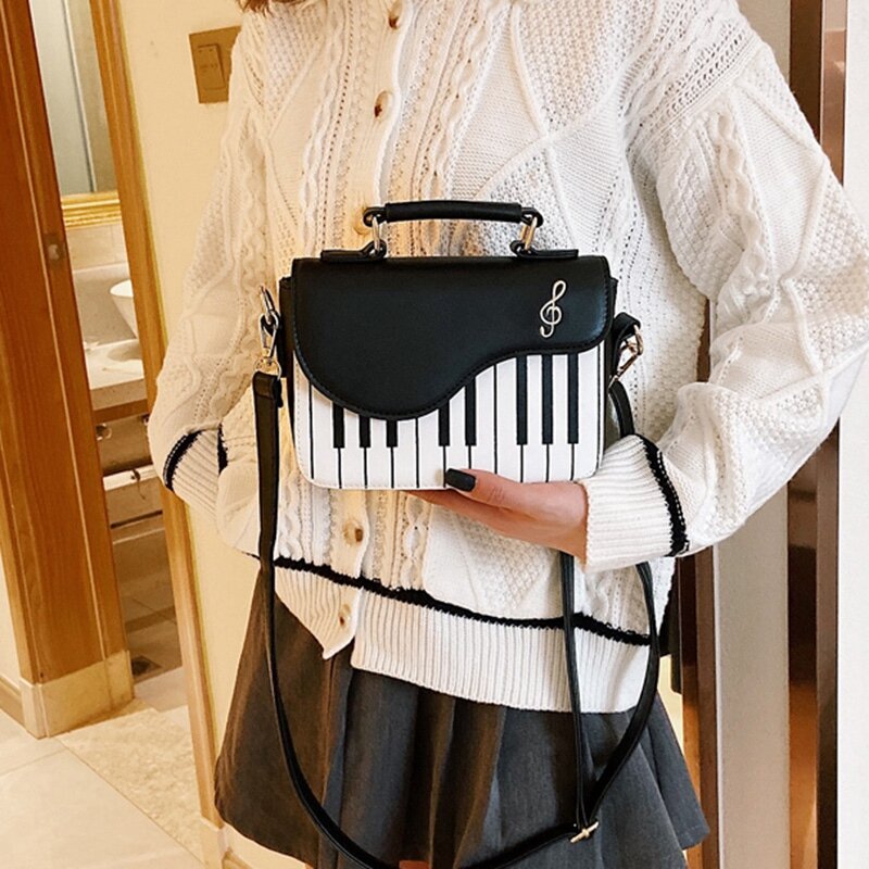 女性用PUレザーピアノパターンハンドバッグ,ショルダーバッグ,クロスオーバーバッグ,トートバッグ,キュートで面白い