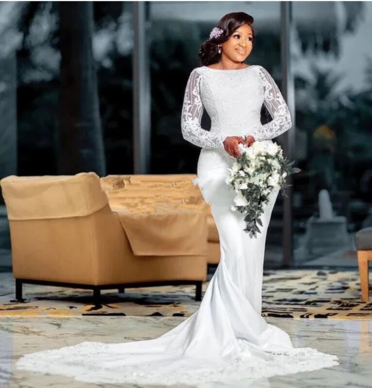 Nowa luksusowa suknia ślubna dla kobiet z okrągłym dekoltem z długim rękawem koronkowa aplikacja syrenka do podłogi Vestidos de novia 2024 szata de mariée