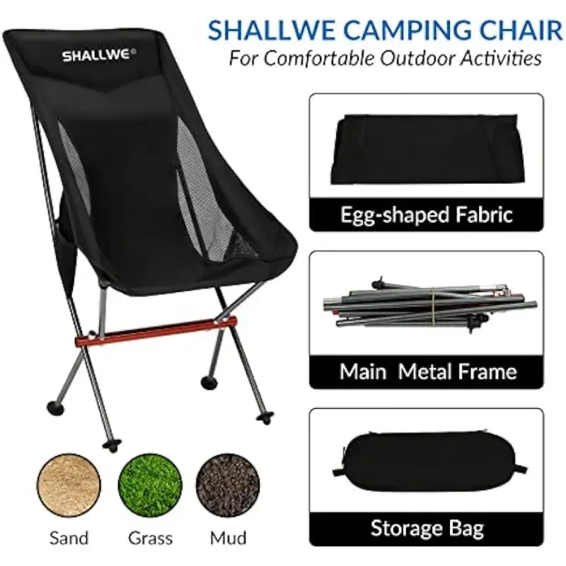 SHALLWE kursi berkemah lipat, bagian belakang tinggi ultra ringan, struktur aluminium ditingkatkan, bantal bawaan, saku samping & tas jinjing