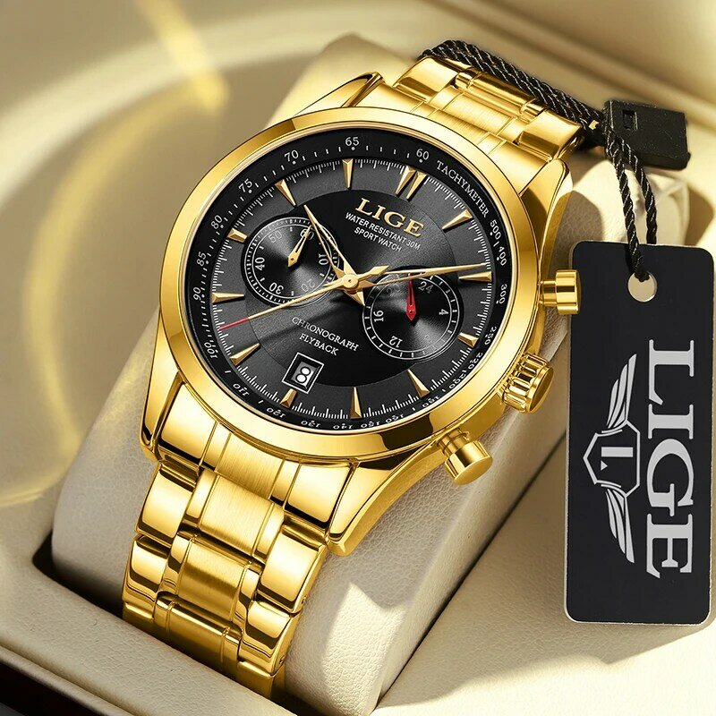 LIGE-Relógio de pulso de quartzo masculino, impermeável, luminoso, losango masculino, espelho, grande, vestido de luxo, dourado, original